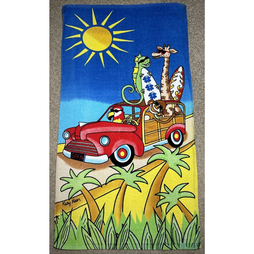 Katy Keen Beach Towel Surf Safari Monkey Giraffe Wood Panel Car Wall Art Vintage